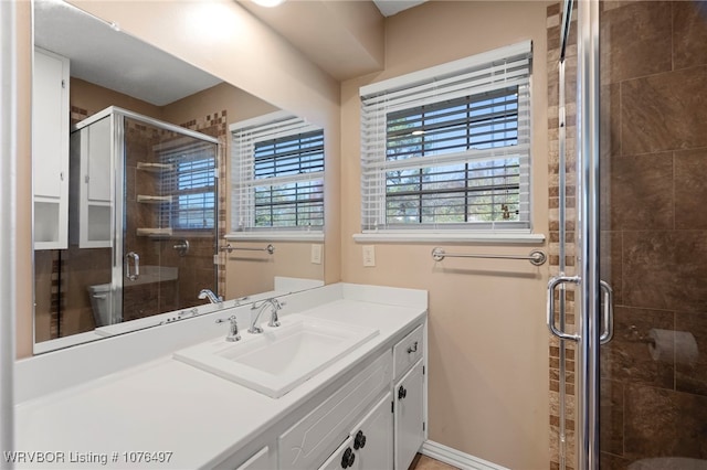 bathroom with plenty of natural light, vanity, and a shower with shower door