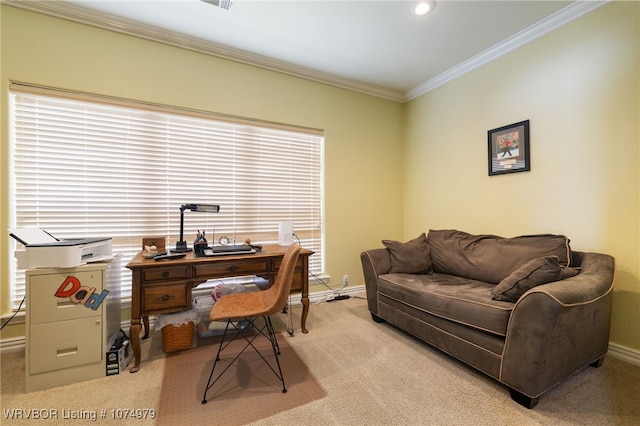 office space featuring light colored carpet and crown molding