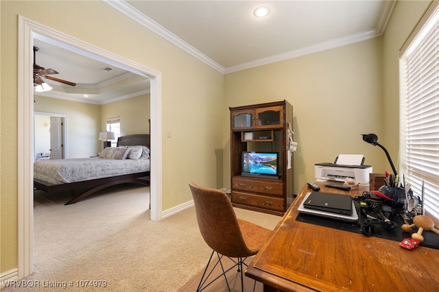 carpeted office space with a raised ceiling, ceiling fan, and ornamental molding