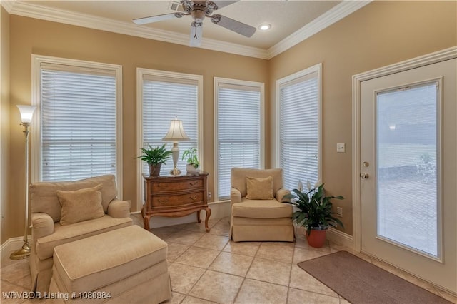 1101 Eagle Crest Dr, Alma, AR 72921 - sitting room with light tile patterned floors, ornamental molding, a ceiling fan, baseboards, and recessed lighting