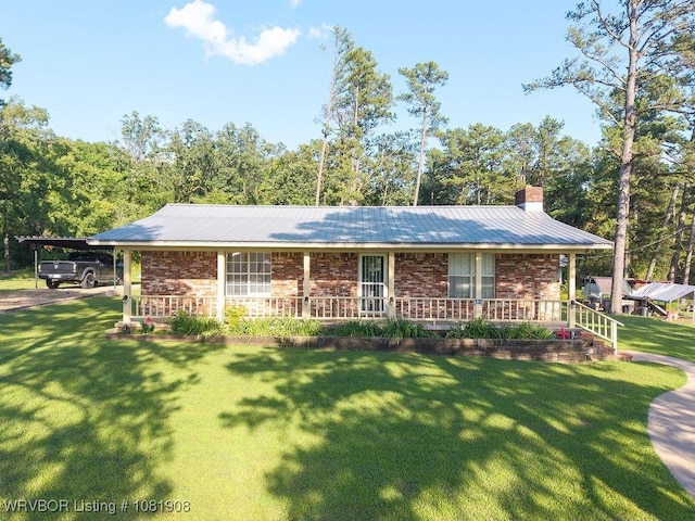 6810 Robin Way, Ozark, AR 72949 - ranch-style home with brick siding, a front yard, a chimney, covered porch, and a metal roof