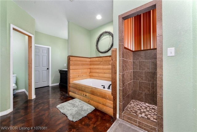 bathroom featuring concrete flooring, separate shower and tub, and toilet