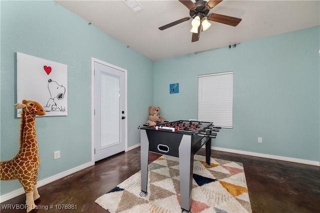 rec room with ceiling fan