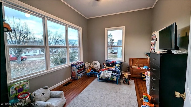 rec room featuring wood-type flooring and ornamental molding