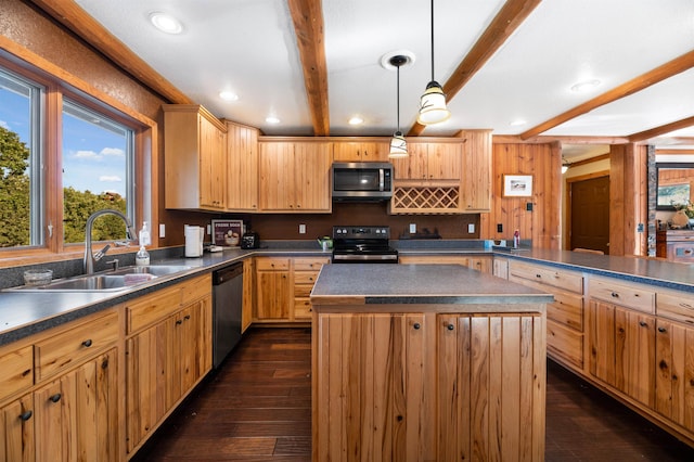 kitchen with pendant lighting, stainless steel appliances, a center island, beam ceiling, and dark hardwood / wood-style floors