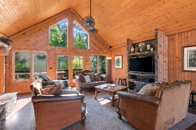 living room with wooden walls, wood ceiling, high vaulted ceiling, and dark hardwood / wood-style floors