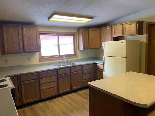 kitchen featuring light hardwood / wood-style floors, a textured ceiling, sink, and white fridge