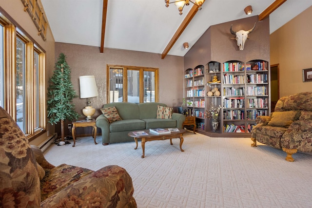 living room with a notable chandelier, baseboard heating, vaulted ceiling with beams, and light colored carpet