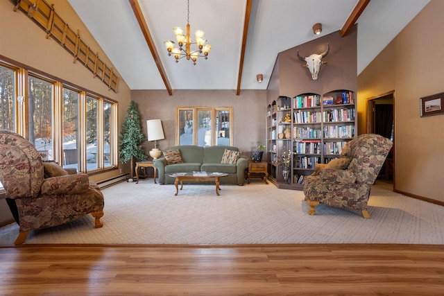 living room featuring a chandelier, light hardwood / wood-style flooring, a baseboard heating unit, and beamed ceiling