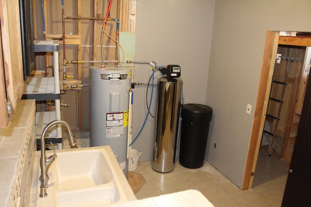 utility room featuring electric water heater and sink