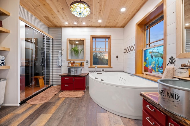 bathroom with hardwood / wood-style floors, wooden ceiling, vanity, and a healthy amount of sunlight