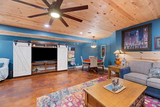 living room with a barn door, ceiling fan, and wood ceiling