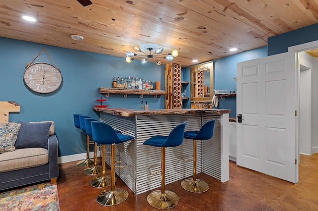 bar featuring tile flooring and wood ceiling