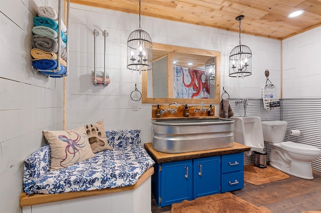 bathroom featuring hardwood / wood-style floors, toilet, wood ceiling, a chandelier, and vanity