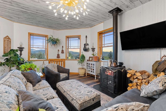 living room with a wood stove and a chandelier