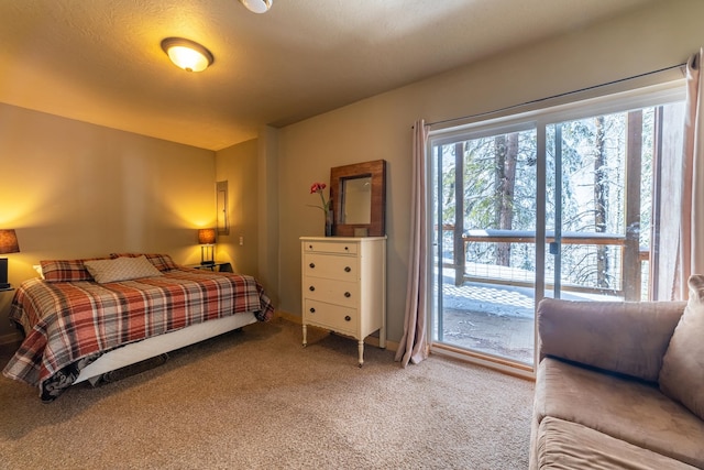 bedroom with access to exterior and carpet floors