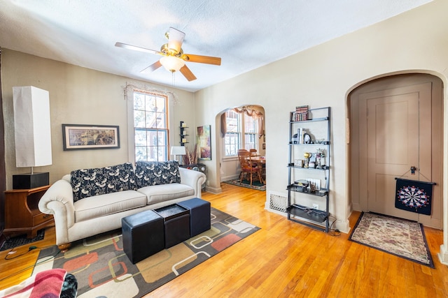 living room with ceiling fan and light wood-type flooring