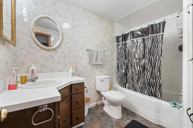 full bathroom with shower / bathtub combination with curtain, toilet, a textured ceiling, vanity, and tile floors