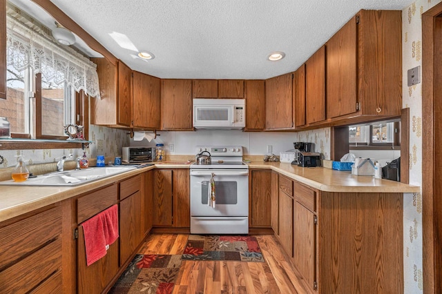 kitchen featuring light hardwood / wood-style floors, white appliances, a healthy amount of sunlight, and a textured ceiling