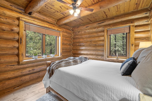 bedroom with wood ceiling, light wood-type flooring, rustic walls, ceiling fan, and beam ceiling