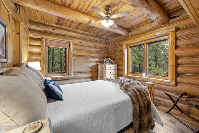 bedroom featuring wood ceiling, wood-type flooring, beamed ceiling, ceiling fan, and rustic walls