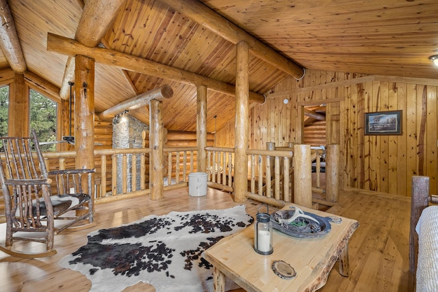 sitting room with wooden ceiling, light hardwood / wood-style floors, log walls, vaulted ceiling with beams, and wooden walls