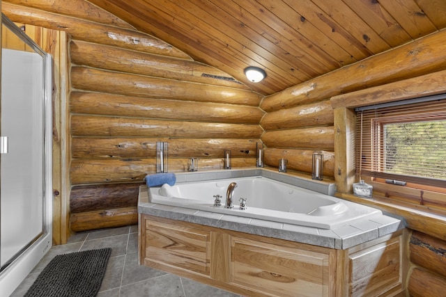 bathroom featuring wooden ceiling, lofted ceiling, rustic walls, tile patterned floors, and separate shower and tub