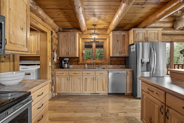 kitchen featuring stainless steel appliances, beamed ceiling, rustic walls, light hardwood / wood-style flooring, and decorative light fixtures