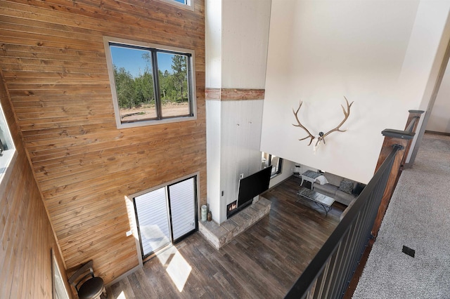 interior space featuring wood walls, high vaulted ceiling, and dark wood-type flooring