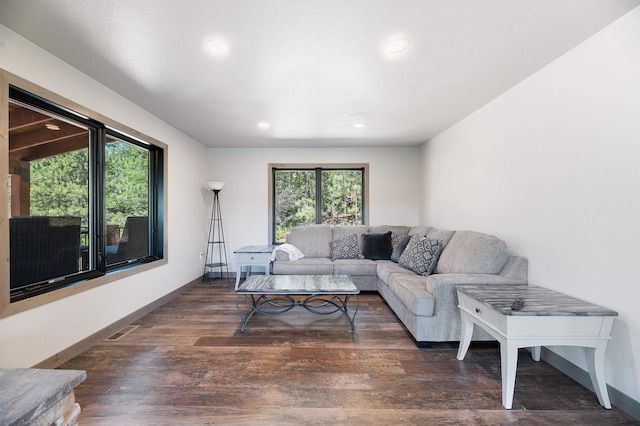 living room with plenty of natural light and dark wood-type flooring