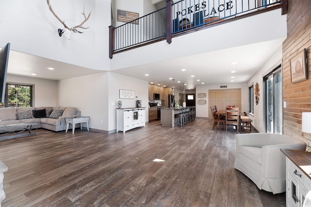 living room featuring dark hardwood / wood-style flooring and a towering ceiling