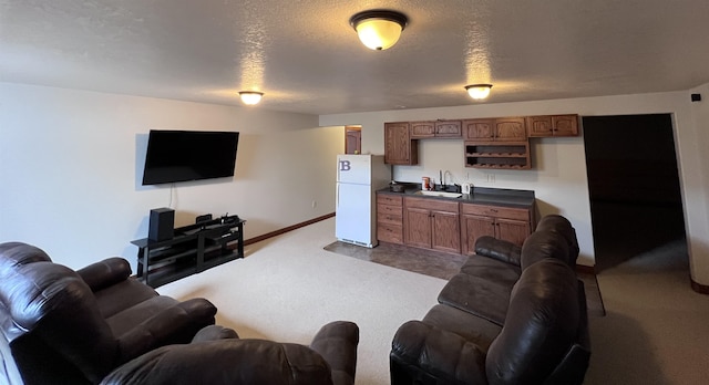 carpeted living room with a textured ceiling and sink