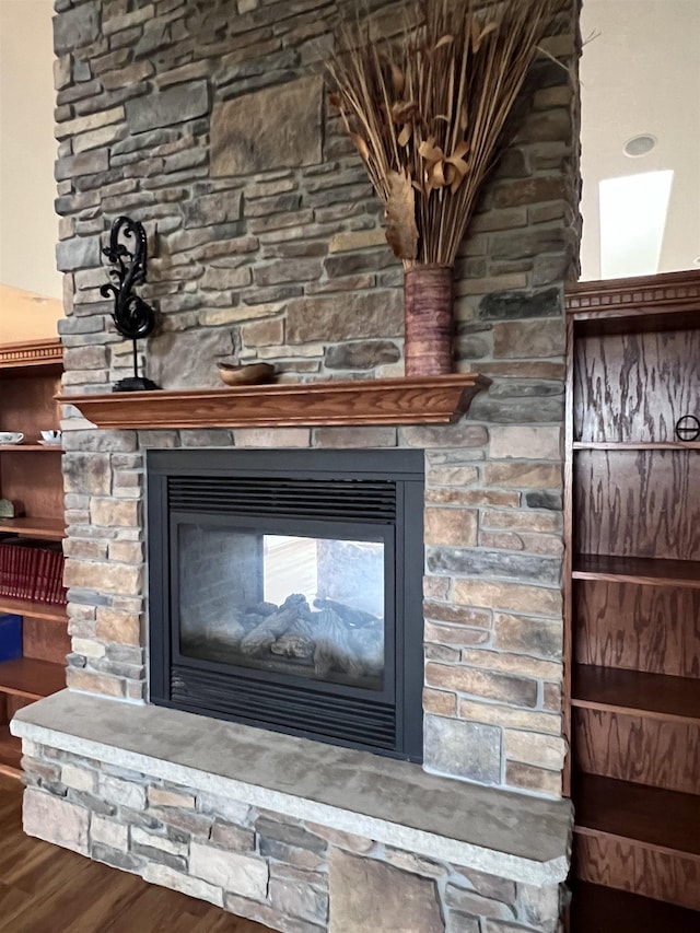 room details with a stone fireplace and wood finished floors