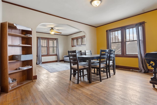 dining space with ornamental molding, ceiling fan, and light wood-type flooring