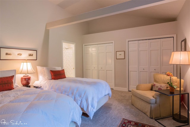 bedroom with vaulted ceiling, two closets, and carpet floors