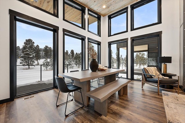 dining area featuring baseboards, wood ceiling, visible vents, and dark wood-type flooring