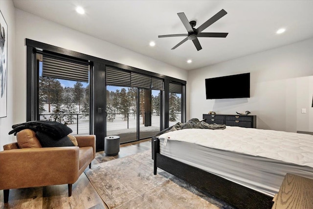 bedroom featuring access to outside, ceiling fan, wood finished floors, and recessed lighting