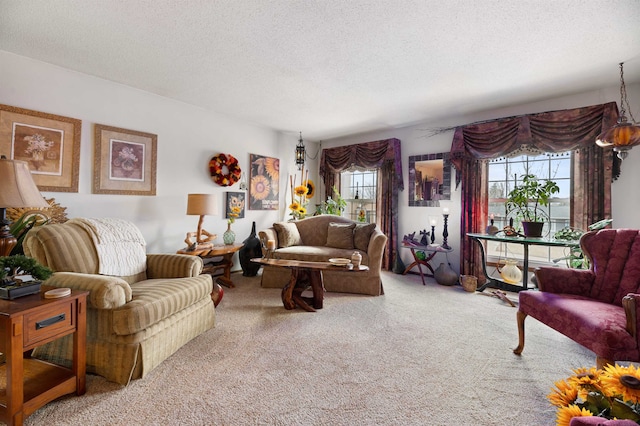 living room featuring a textured ceiling and carpet floors