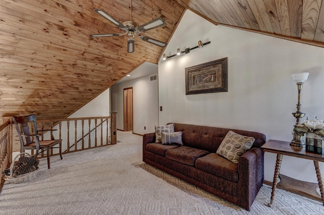 living room with carpet floors, high vaulted ceiling, wood ceiling, and ceiling fan