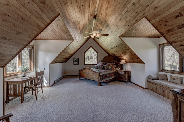 carpeted bedroom featuring a baseboard radiator, wood ceiling, and vaulted ceiling