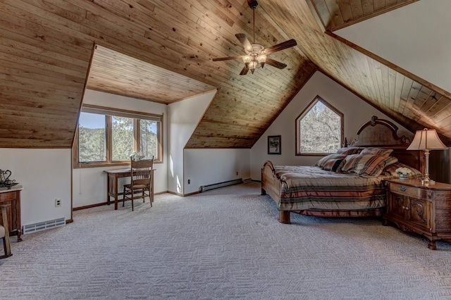 bedroom with a baseboard heating unit, wooden ceiling, carpet, and multiple windows