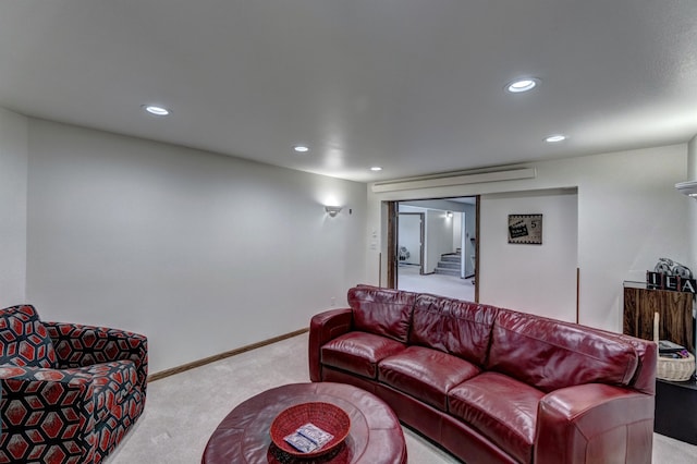 living room featuring light carpet