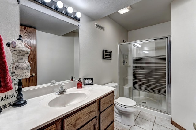 bathroom featuring a textured ceiling, tile floors, a shower with shower door, vanity, and toilet