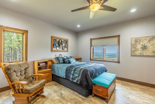 bedroom with tile flooring and ceiling fan