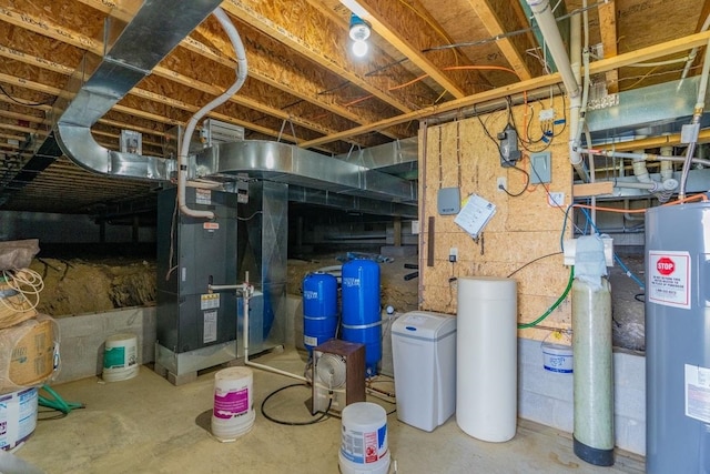 basement with electric water heater and heating utilities