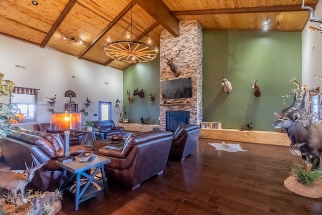 living room featuring high vaulted ceiling, a fireplace, wood ceiling, and hardwood / wood-style floors