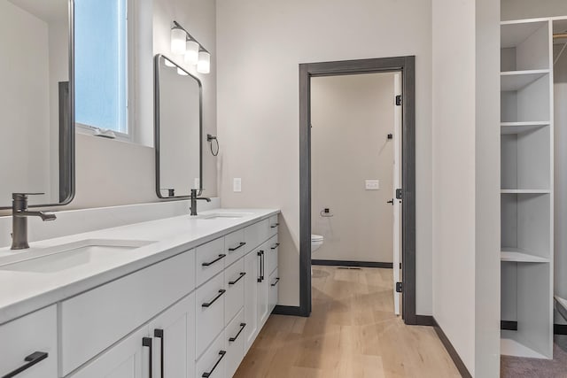 bathroom featuring vanity, wood-type flooring, and toilet