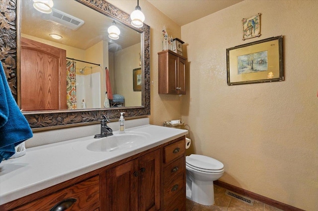 bathroom with tile patterned floors, vanity, toilet, and a shower with shower curtain