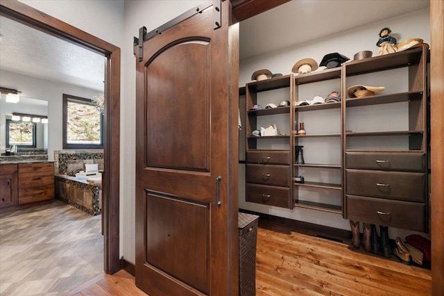 spacious closet featuring light hardwood / wood-style flooring and a barn door