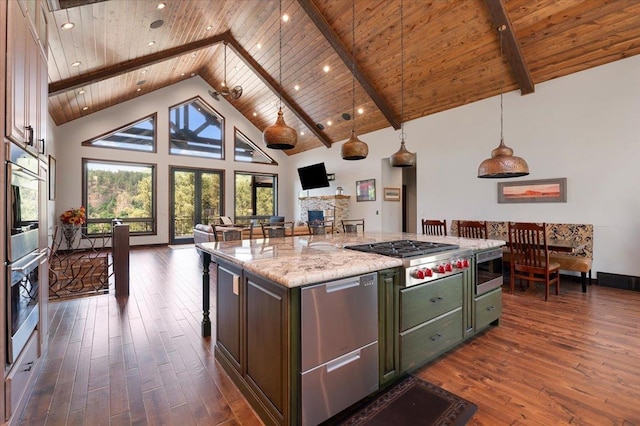 kitchen with high vaulted ceiling, pendant lighting, wooden ceiling, and an island with sink